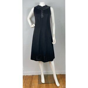 Vintage 1960s Black Fine Knit Dress Sleeveless Hand Tailored Sequin Trim Small